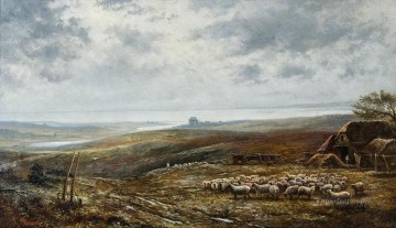 Animal Painting - Weite Landschaft mit Schafsherde unter bewolktem Himmel Enrico Coleman pastor